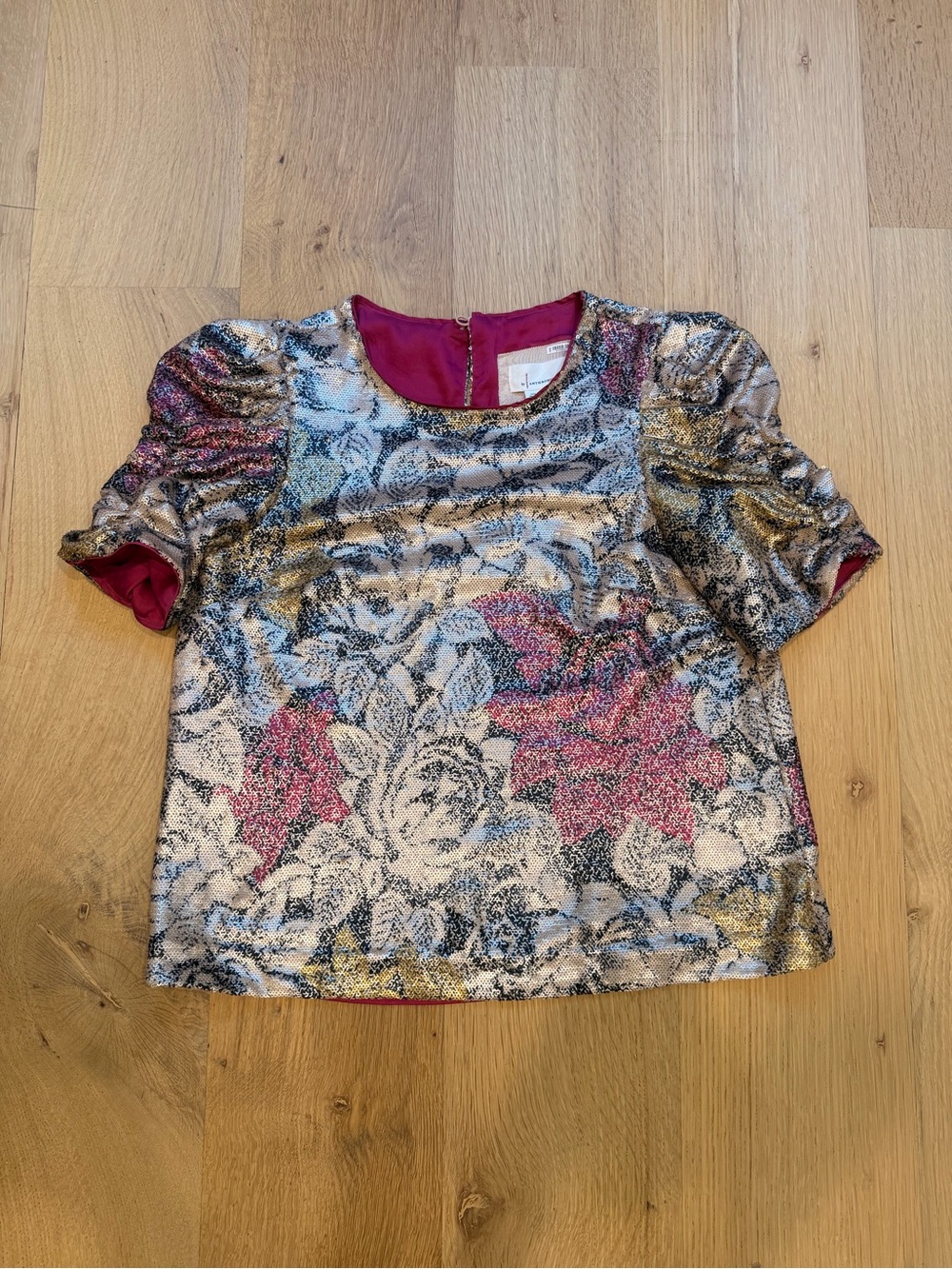 Anthropologie Floral Sequin Puff Sleeve Blouse Size 0
